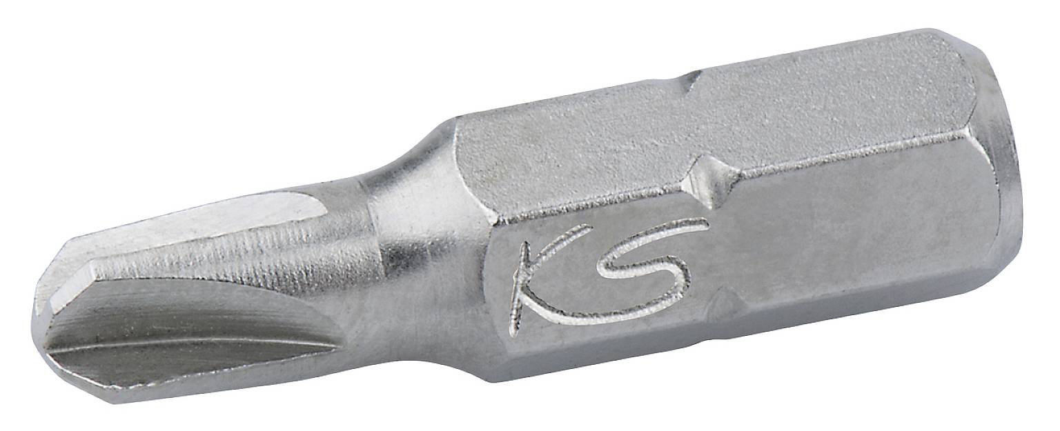A silver cross-head screwdriver bit with engraved letters 'KS', used for tightening screws.
