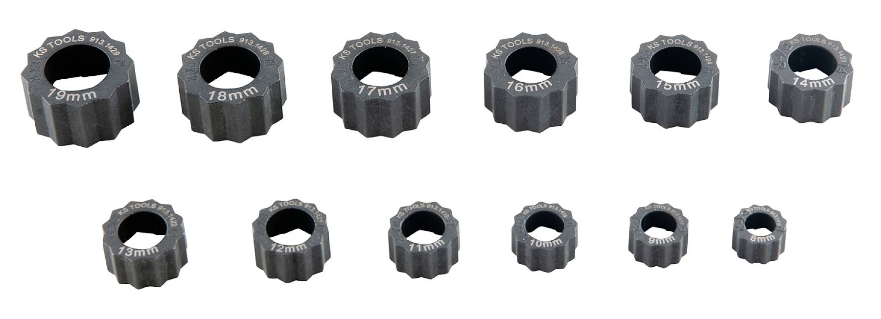 A range of metal tools in various sizes, from 12 mm to 19 mm, arranged in two rows.