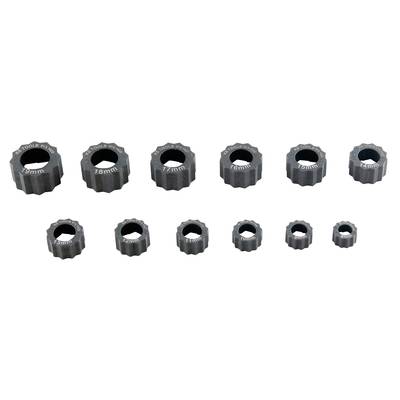 A range of metal tools in various sizes, from 12 mm to 19 mm, arranged in two rows.