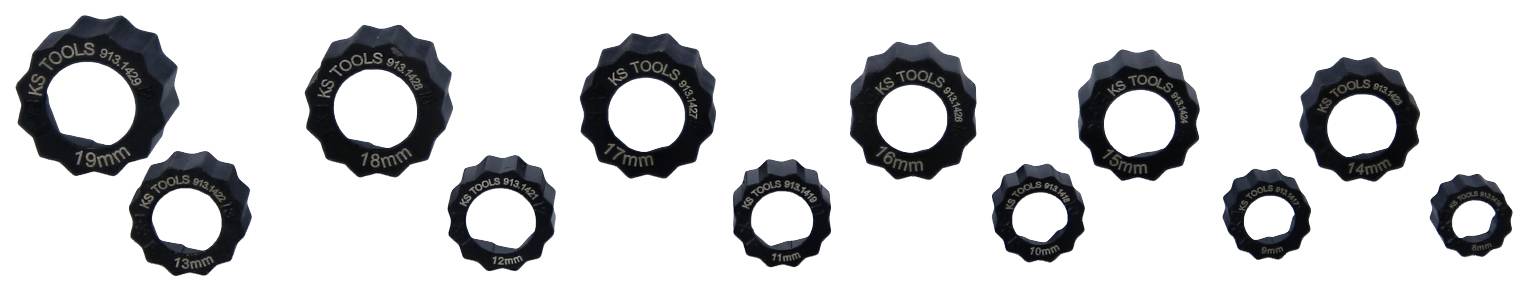Ten black spinning wheels in two rows, decreasing in size from left to right.