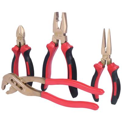 Four different metal pliers with red and black handles, lined up side by side.