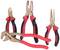 Four different metal pliers with red and black handles, lined up side by side.