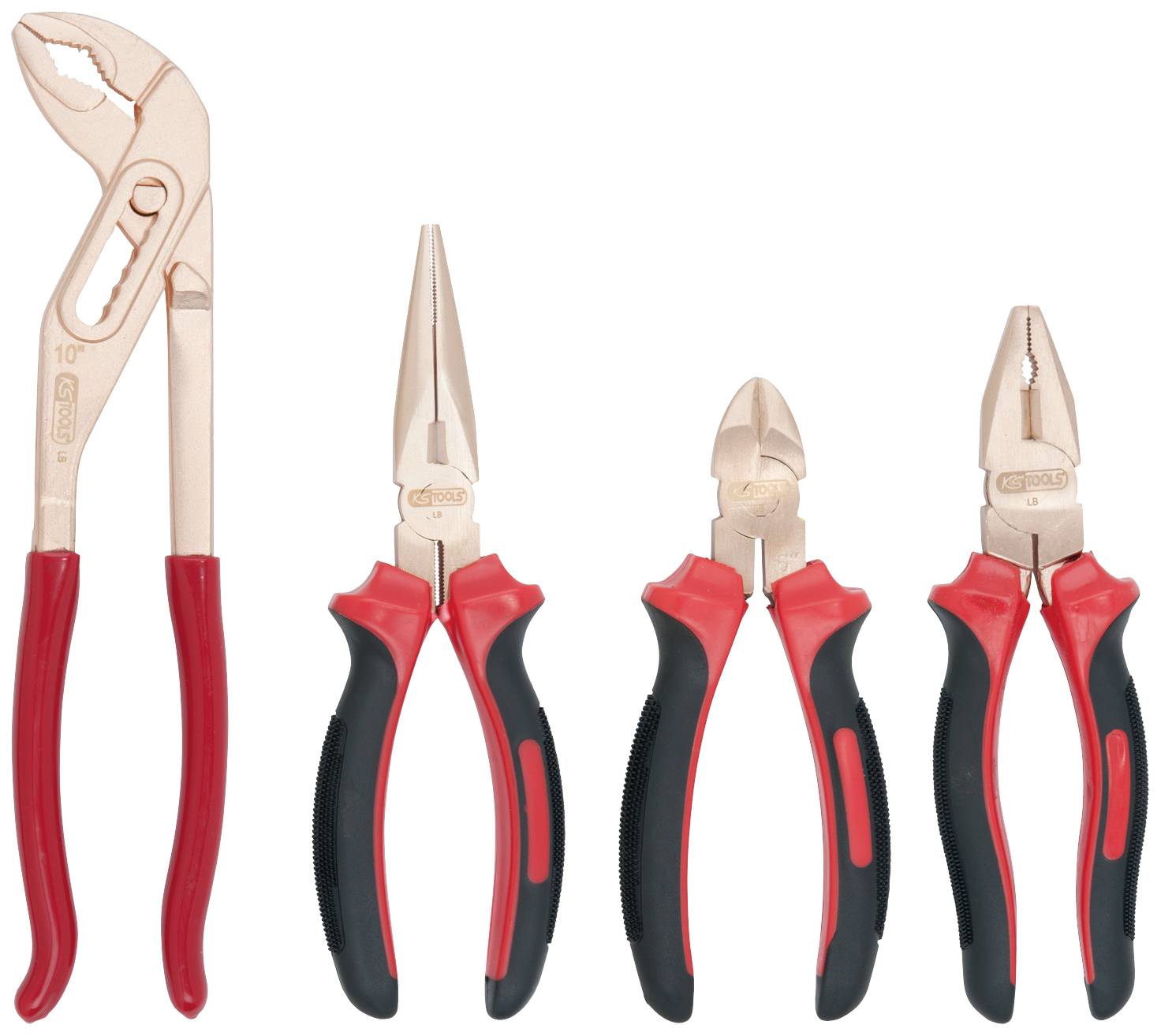 Four different pliers with red handles on a white background: water pump pliers, long-nose pliers, side cutters, and combination pliers.