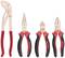 Four different pliers with red handles on a white background: water pump pliers, long-nose pliers, side cutters, and combination pliers.