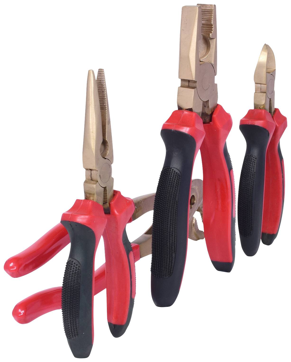 Three different pliers with red and black handles, placed side by side. They represent typical hand tools.