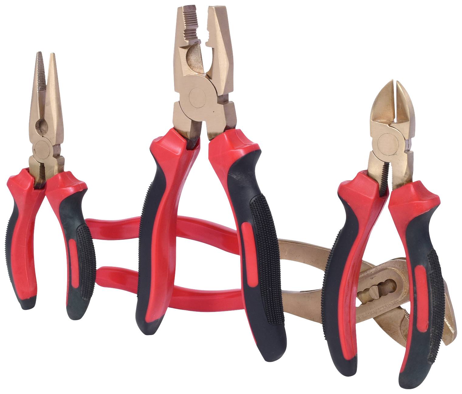 Three pliers with red and black handles: a needle-nose plier, a combination plier, and a side-cutting plier; they are placed side by side.