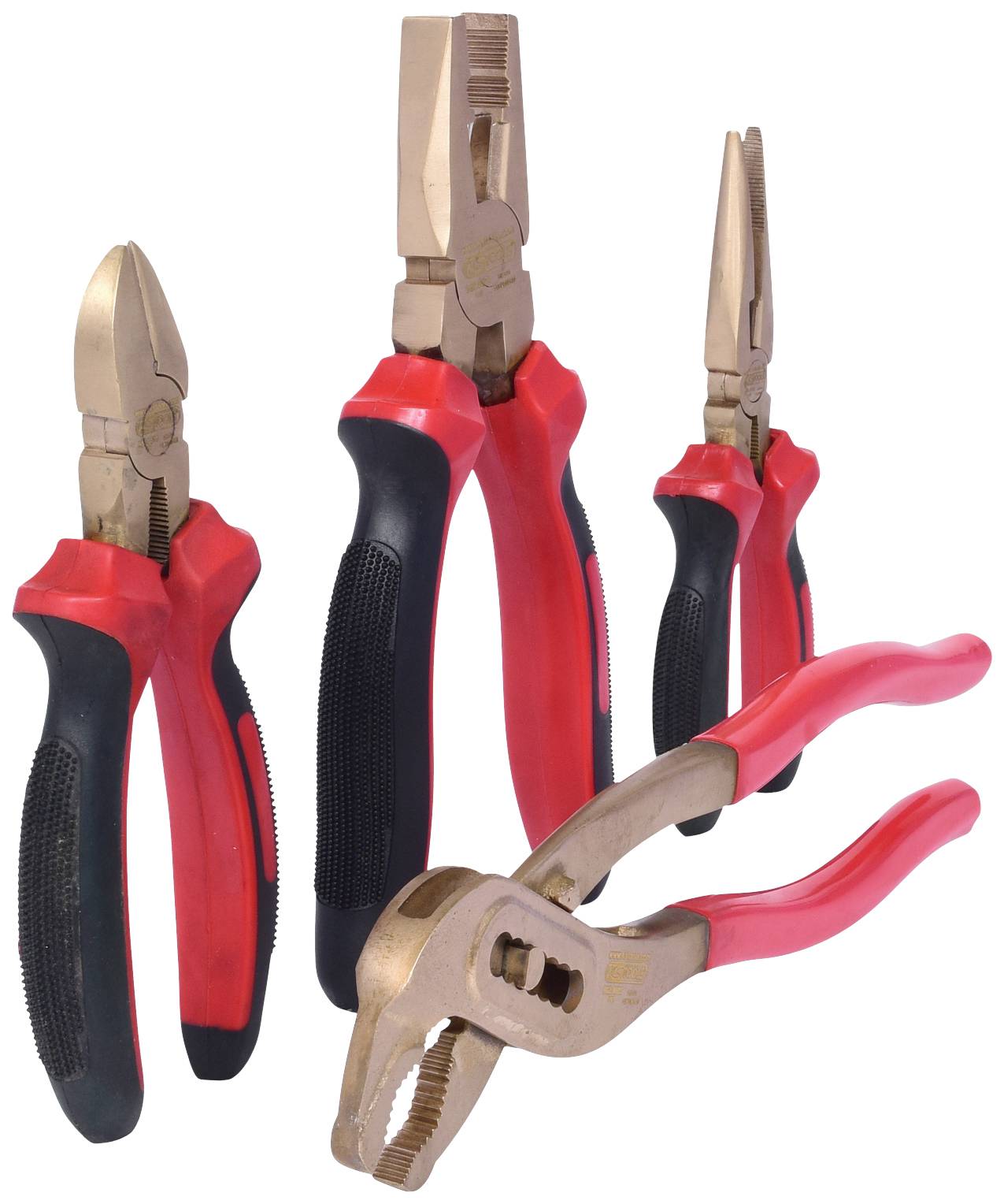 Four different hand tools with red and black handles: combination pliers, side cutters, long-nose pliers, and water pump pliers.