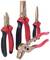 Four different hand tools with red and black handles: combination pliers, side cutters, long-nose pliers, and water pump pliers.