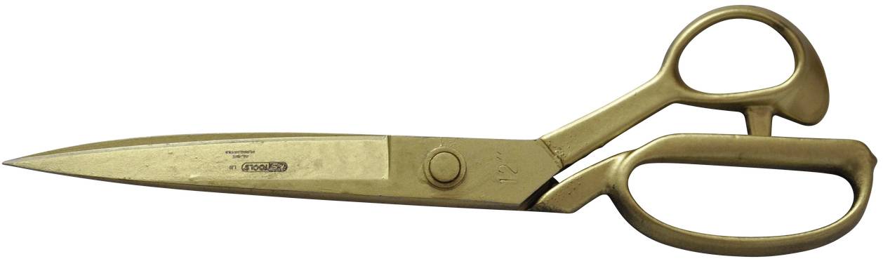Golden scissors with ergonomic handles, for fabric or paper crafting. Resting on a white surface.