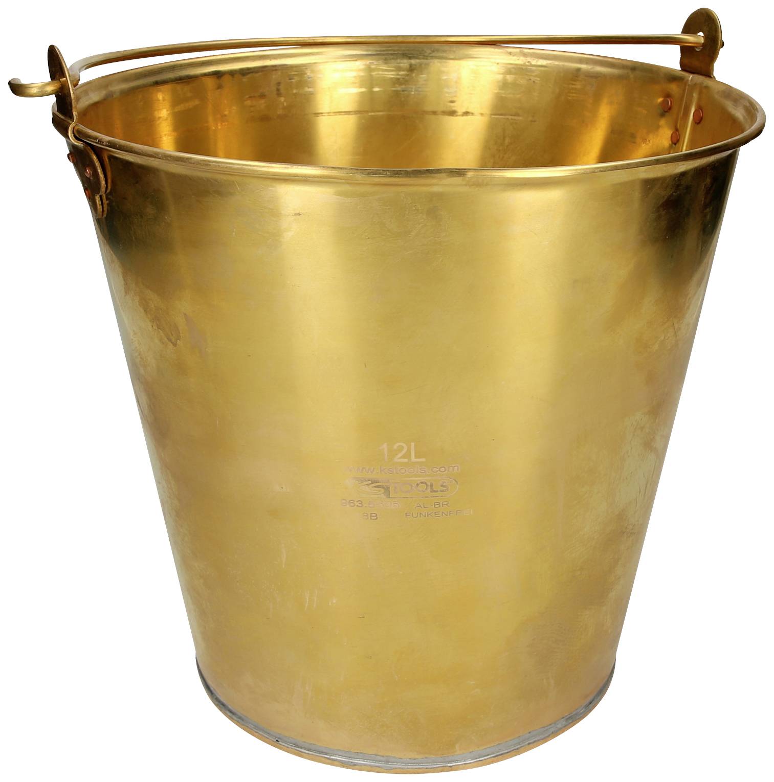 A gleaming, copper-coloured bucket with a 12-litre capacity, suitable for household use or gardening tasks.