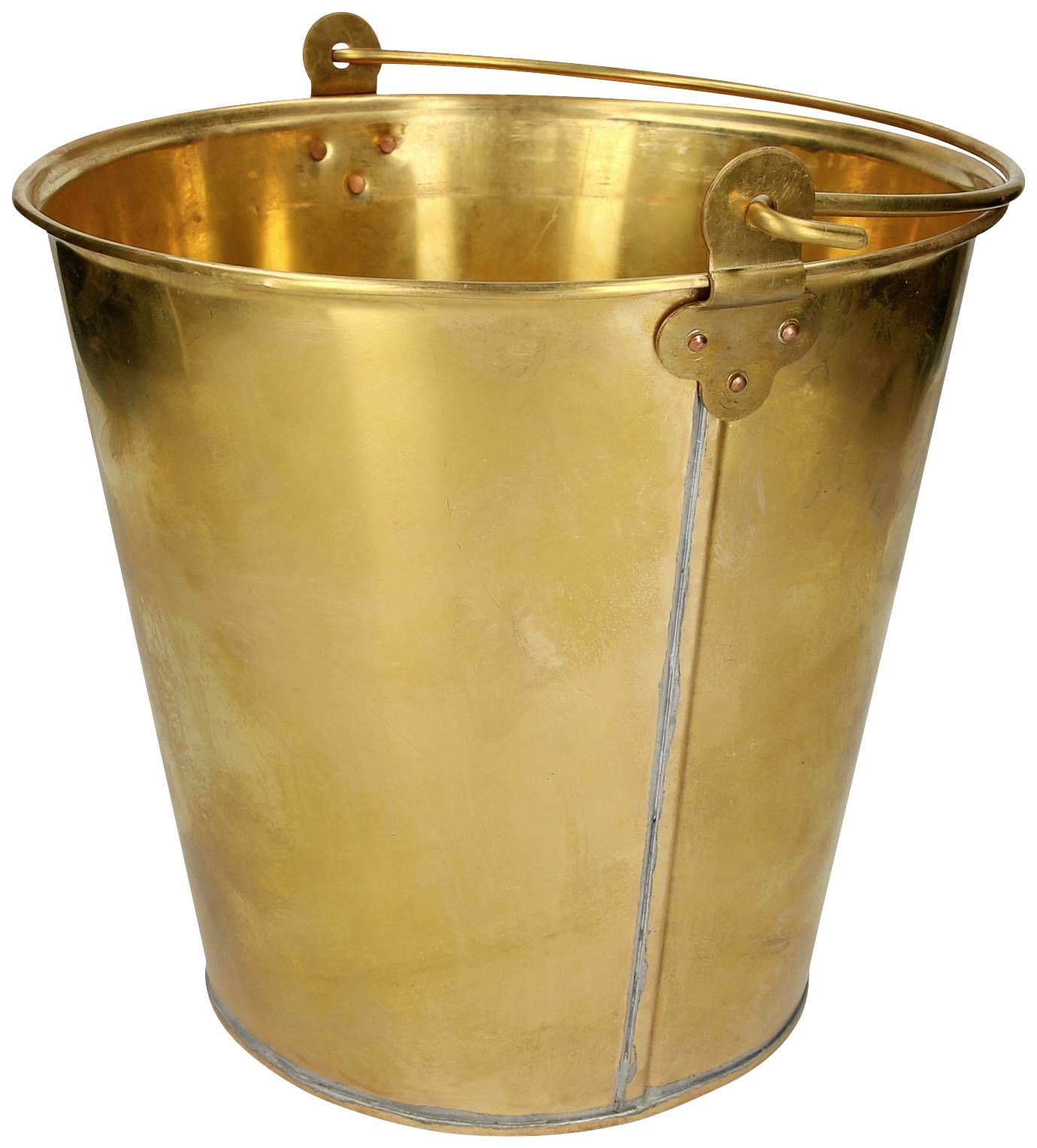 A gleaming brass bucket with a handle. The bucket is cylindrical in shape and stands upright.