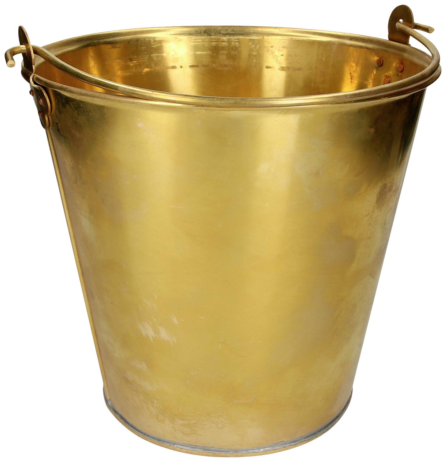 Golden bucket with a shiny surface, two handles on the sides.