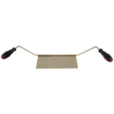 A rectangular metal tool with two red and black handles at the ends of a curved handle.