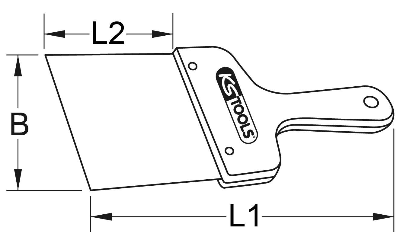 Drawing of a scraper with dimensions L1, L2 and B. Handle with brand highlight 'KS Tools'.