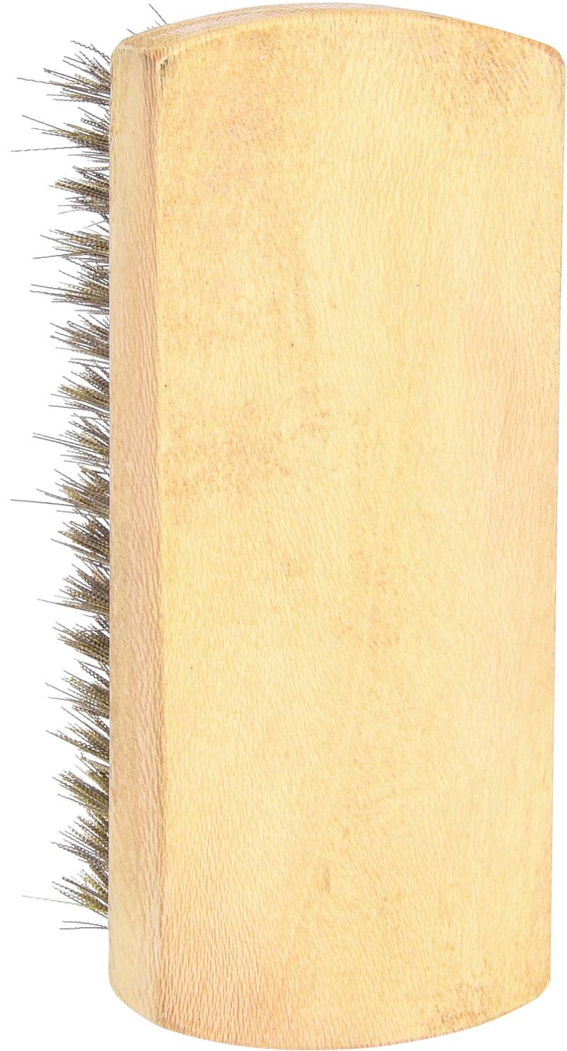 Metal-bristled wooden brush positioned vertically, with bristles on one side.