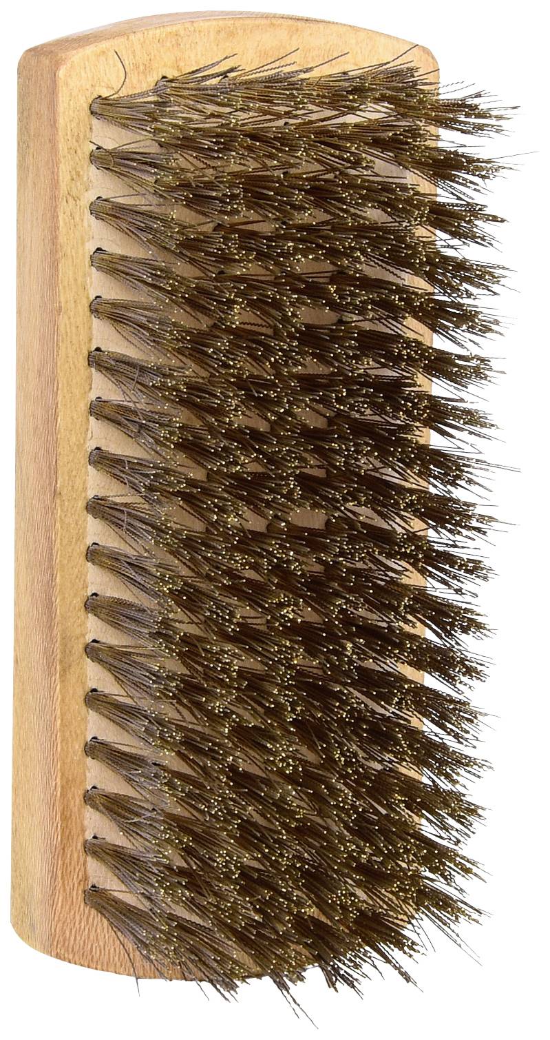 Wooden brush with densely arranged, dark natural bristles, ideal for caring for leather or fabric surfaces.