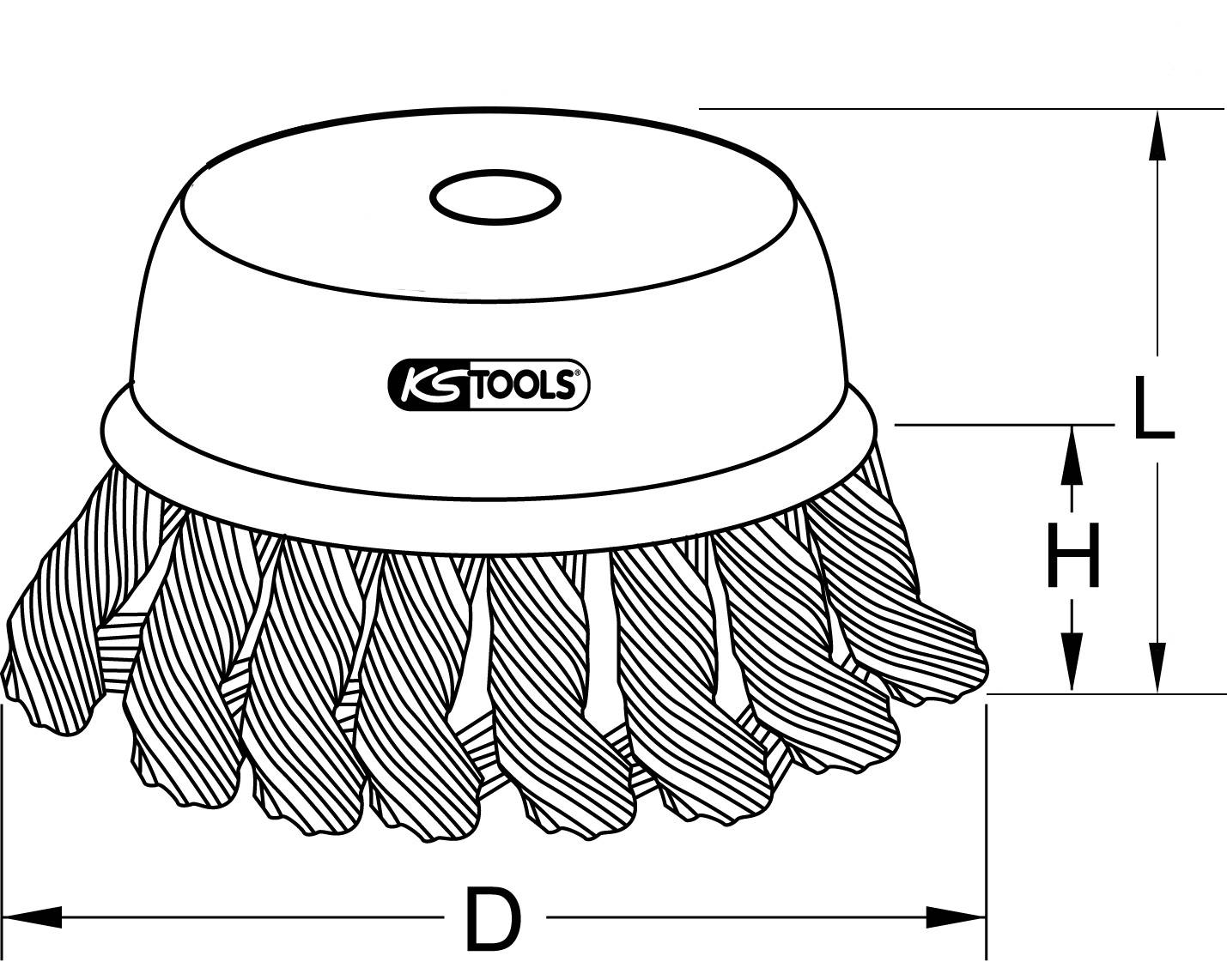 Diagram of a cup brush from KS Tools with twisted wire bristles. Dimensions: Diameter (D), Bristle Height (H), Total Height (L).