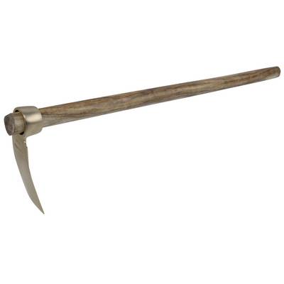 Pickaxe with wooden handle and metal blade, set against a white background, an agricultural tool for turning over soil.