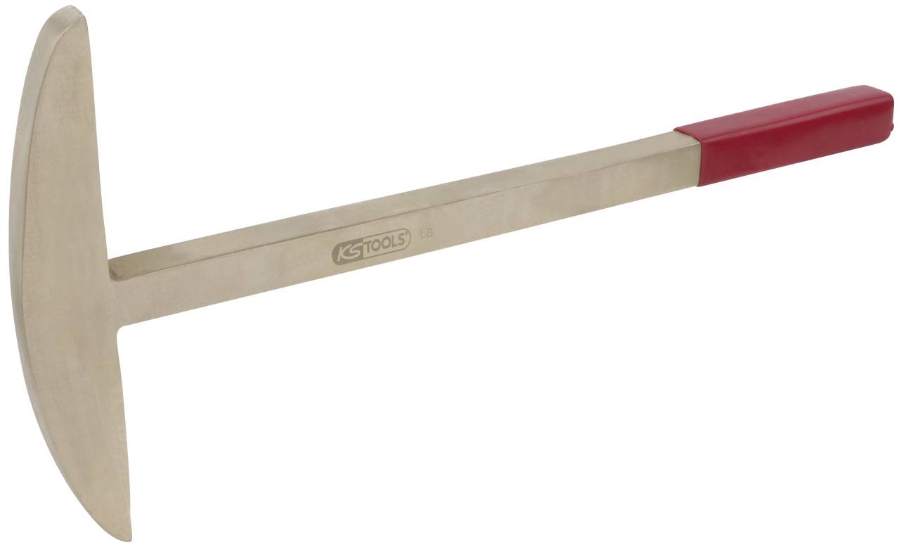 A gold-coloured tool with a T-shape, thin handle, and red rubber grip piece. Used for workshop or repair work.