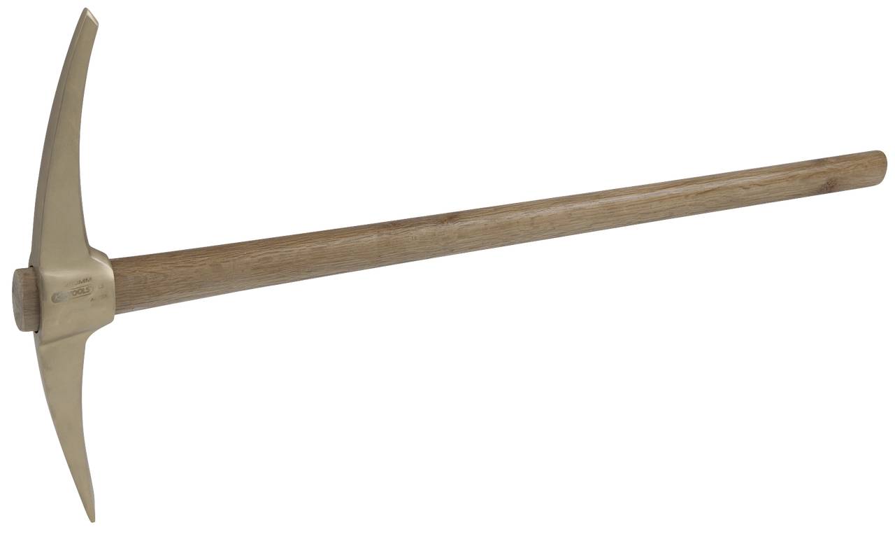 A metal pickaxe with a wooden handle, suitable for gardening or mining. It has a flat and a pointed side.