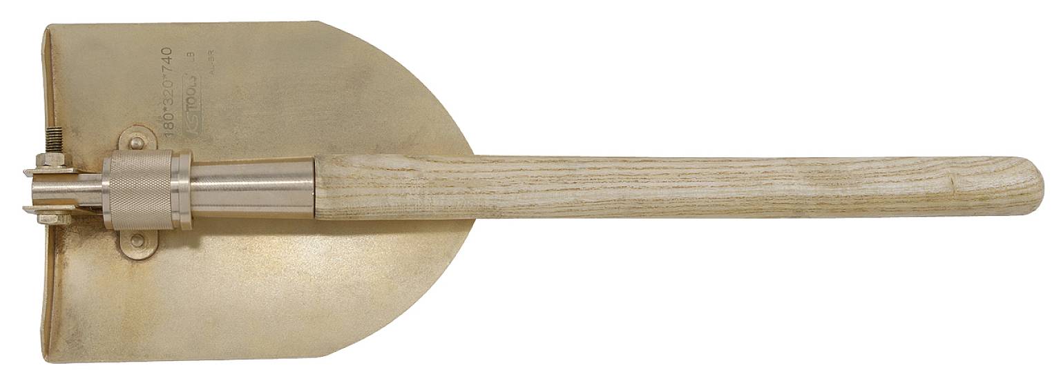 Copper shovel on a white background, with a smooth wooden handle. It is commonly used for gardening work.
