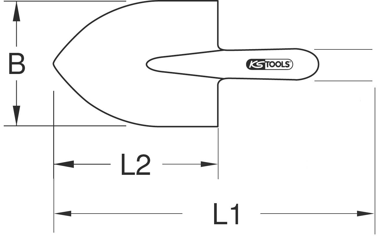 A tool diagram shows a bricklayer's trowel with dimensions B, L1 and L2. The 'KS Tools' logo is depicted on the handle.