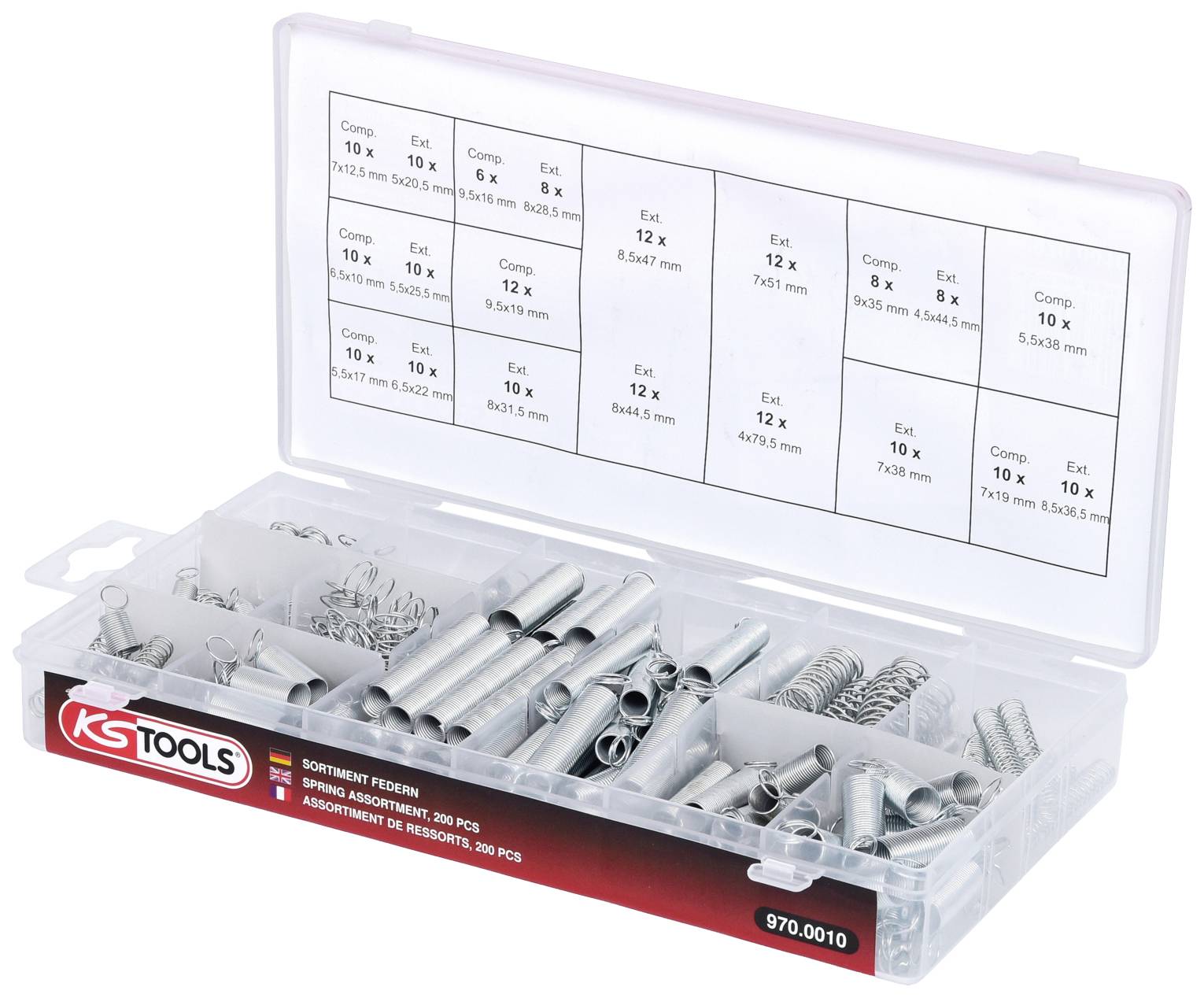 Assortment box with various spring and wire components. Contains size descriptions on the lid. Brand name 'KS Tools'.