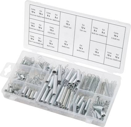 Plastic box containing various metal spiral springs and tubes, organised in compartments. Table label on the lid lists component sizes.