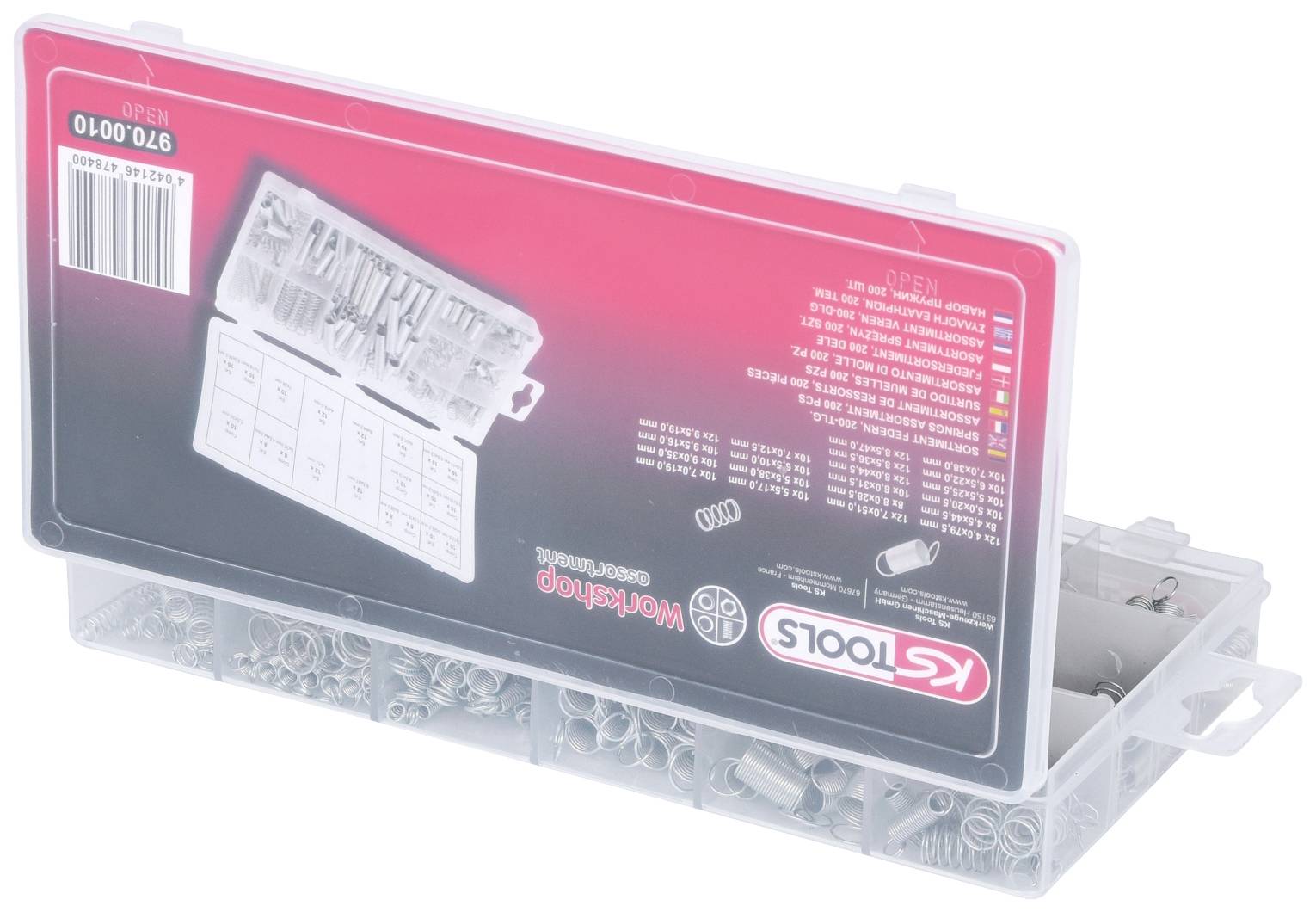 A transparent plastic box containing an assortment of cast iron nuts and bolts. The box is labelled.