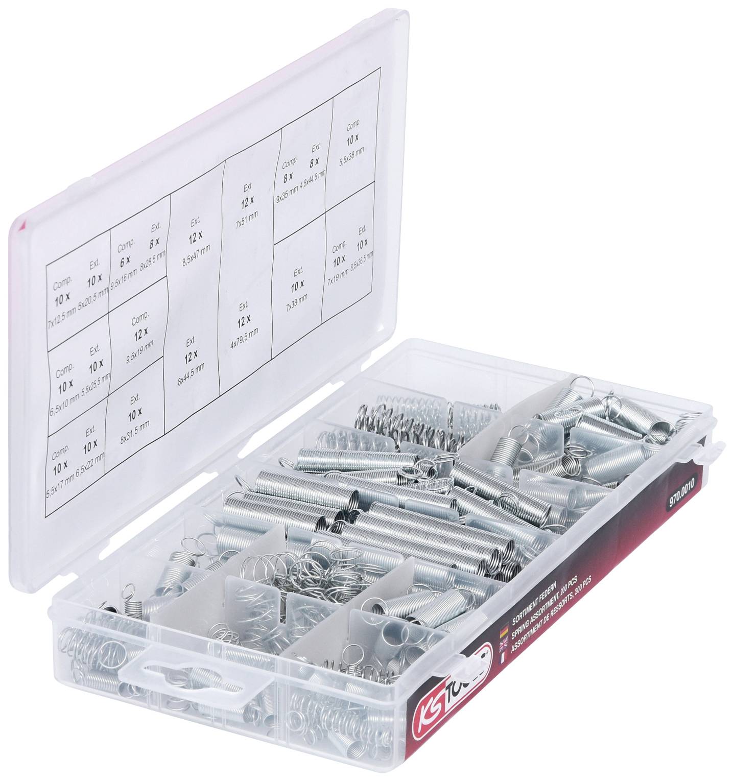 A transparent box filled with various metal springs and coils, divided into compartments with a label for sorting.