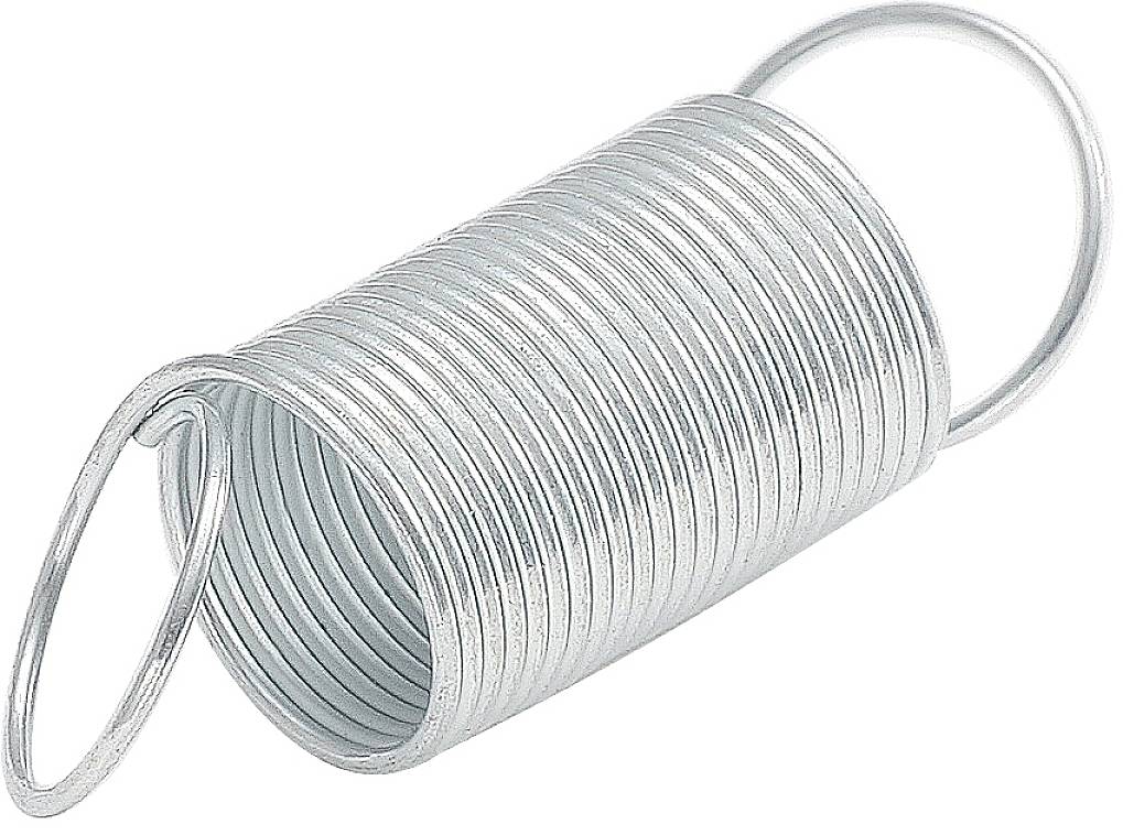 Metal compression spring with two end rings. Wound in a spiral, silvery and gleaming. Suitable for mechanical applications.