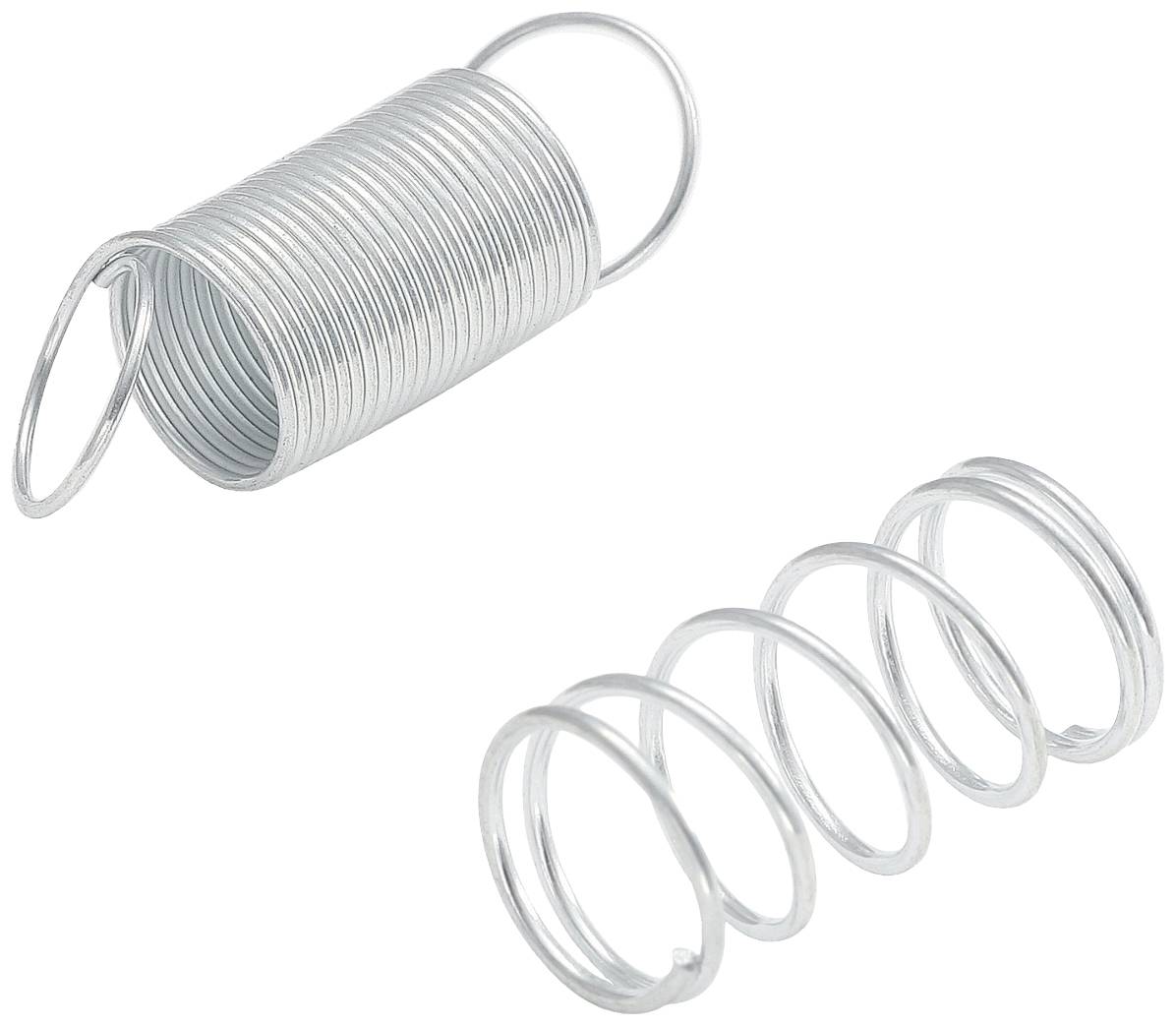 'Two metal springs, one in cylindrical form and the other shaped as a spiral, lie side by side on a white surface.'