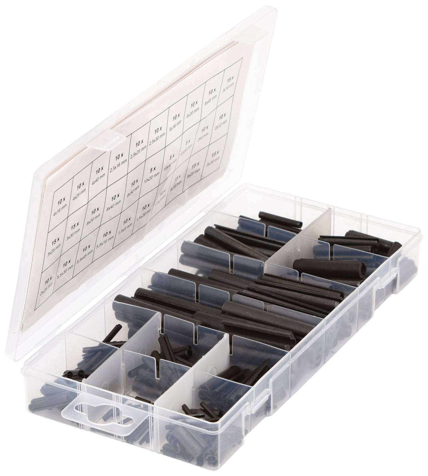 Transparent plastic box with compartments, filled with black and blue plastic components, possibly cable glands.