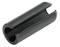 A black metal clip in cylindrical form with a longitudinal slot. Often used for fastening in technical applications.