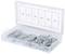 A transparent box with various sizes of splints, sorted into five compartments with size labels on the lid.