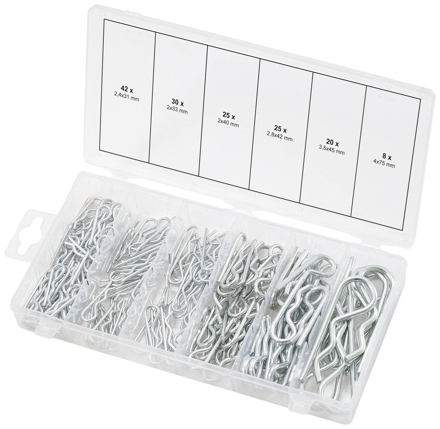 Plastic storage box with various metal clips in compartmentalised sections. Size specifications in mm on the inside of the lid.