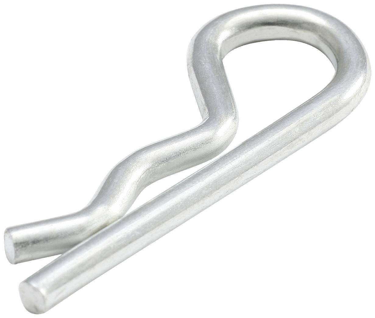 A silver split pin or cotter pin, made of metal and bent, with one straight and one curved side.