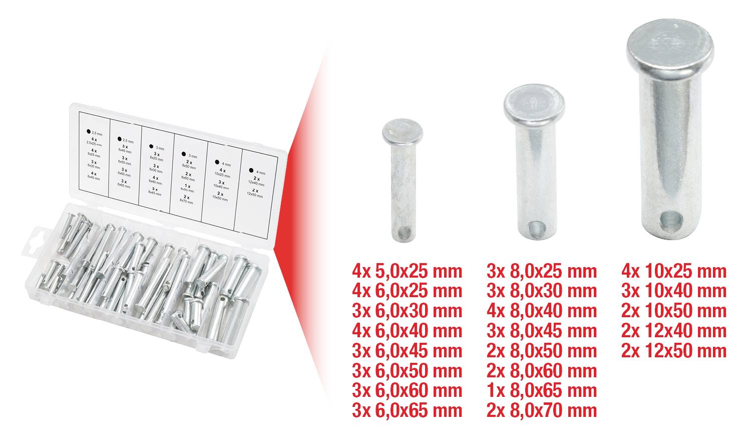 A set of metal pins in various sizes, with an open plastic box with compartments and a label on the left. Size specifications bottom right.