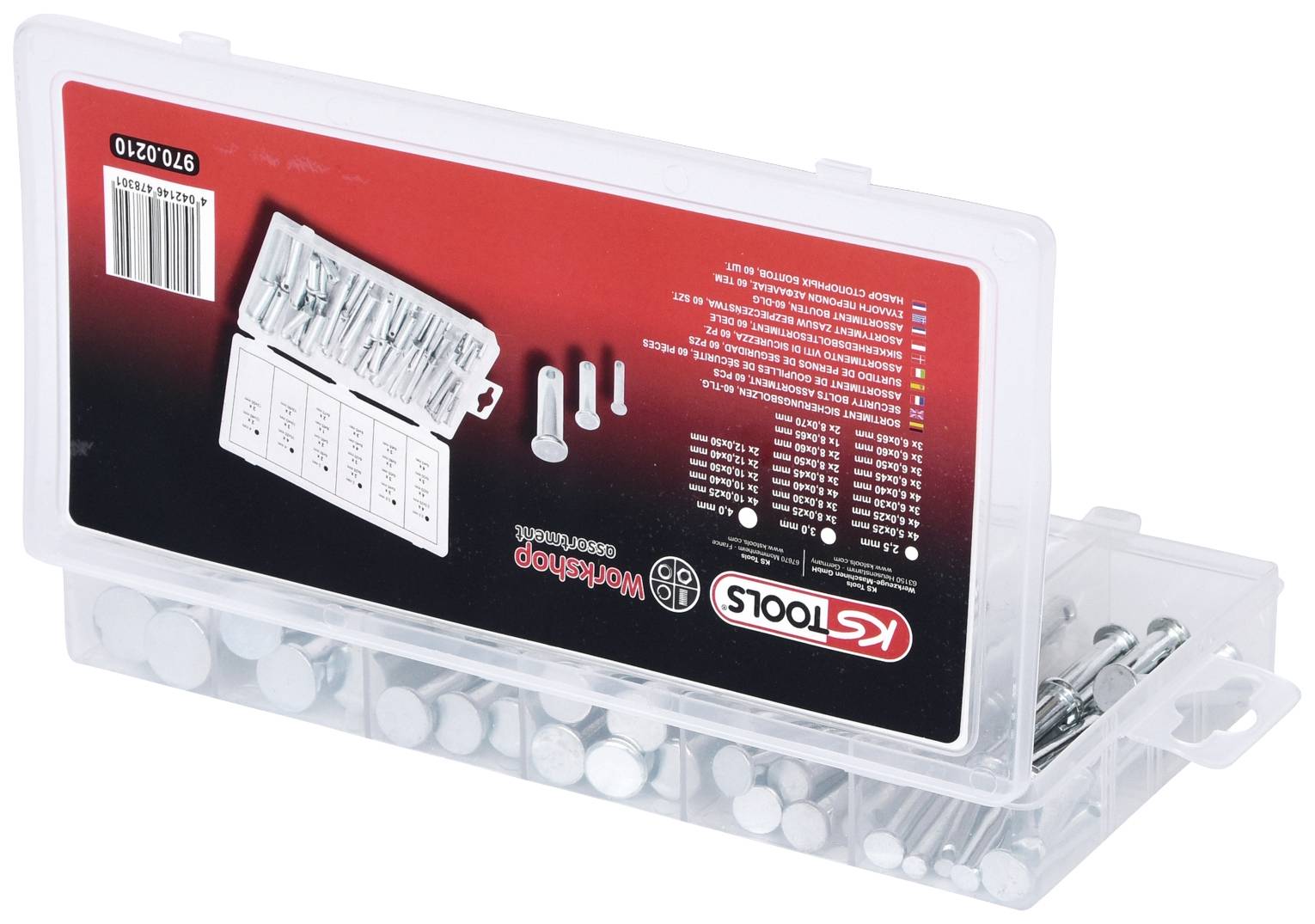 A transparent plastic box with the label 'KS Tools' contains various screws and steel parts, with a red and white label.