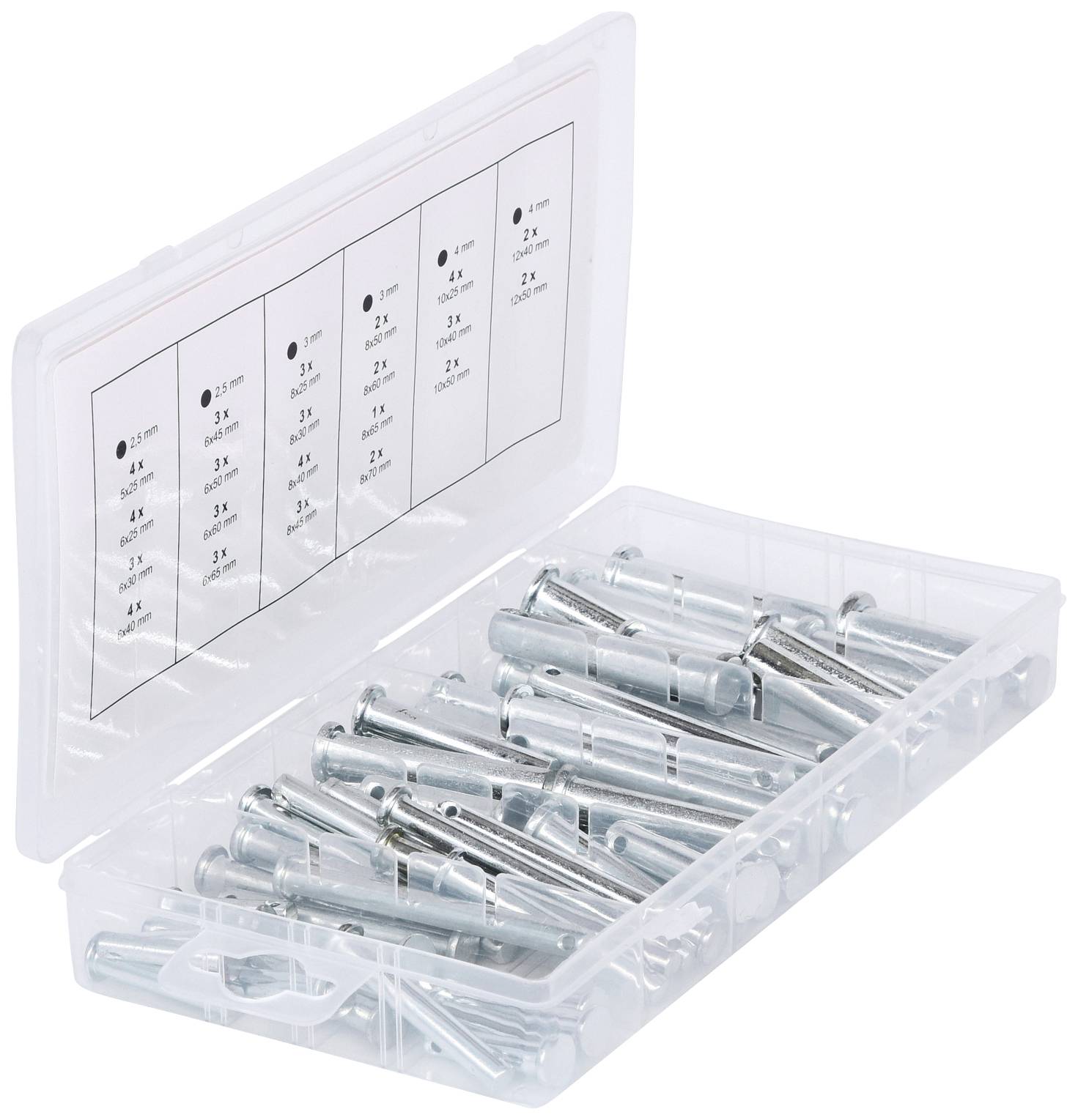 An open plastic box with compartments containing several silver dowels. A specification sheet with size details is located in the lid.