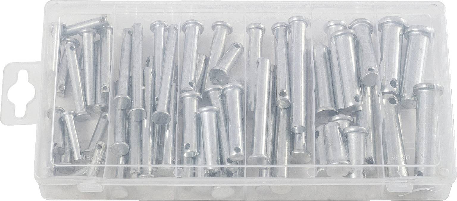 A transparent plastic box contains numerous silver metal pins, neatly arranged.