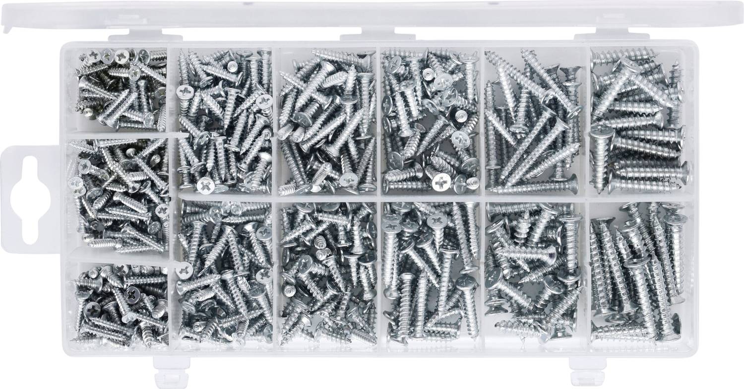 A white plastic container with various compartments holding different-sized silver screws.