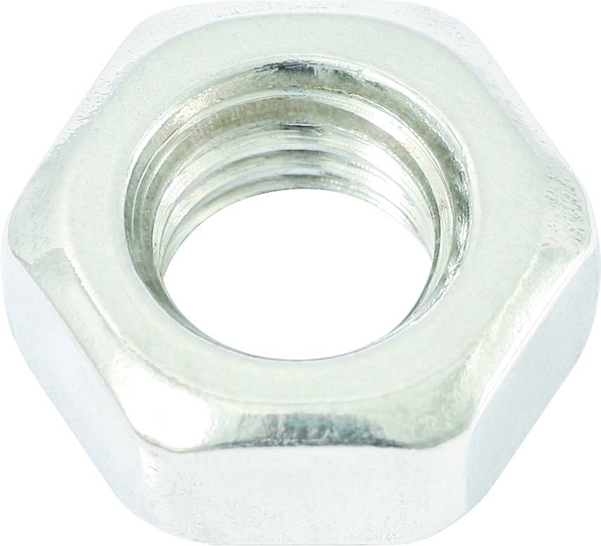 A silver, hexagonal metal nut used for securing bolts in mechanical constructions.