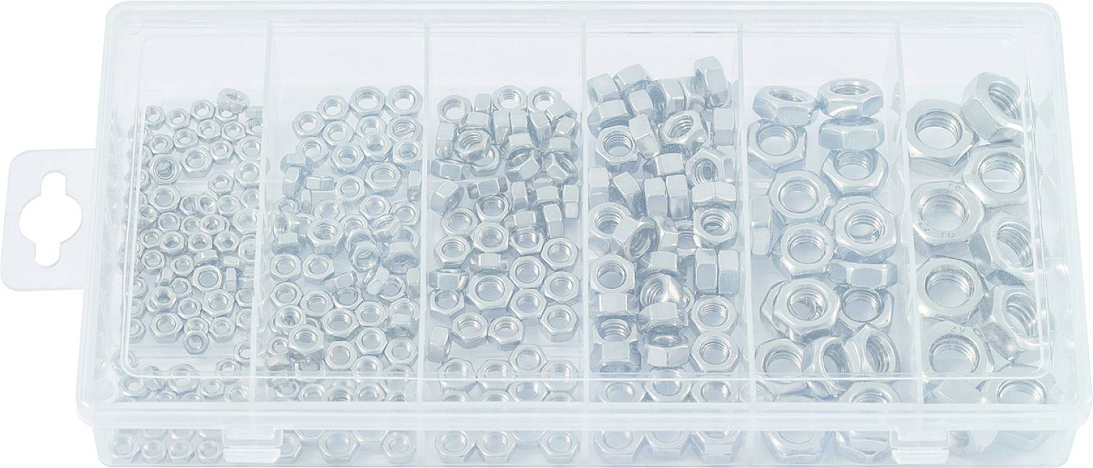 Assortment box with various sizes of hexagonal nuts, arranged in seven compartments, ranging from small to large.