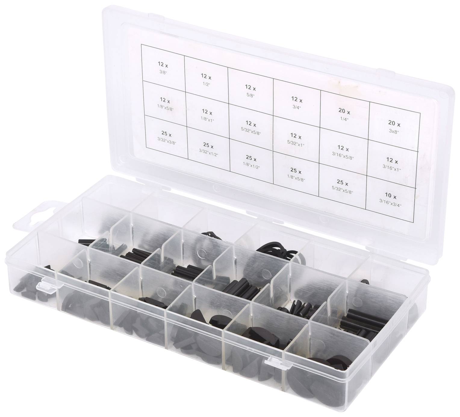 Open plastic storage box with multiple compartments, filled with black rubber seals in various sizes. A labelled lid displays the quantities and sizes of the seals.