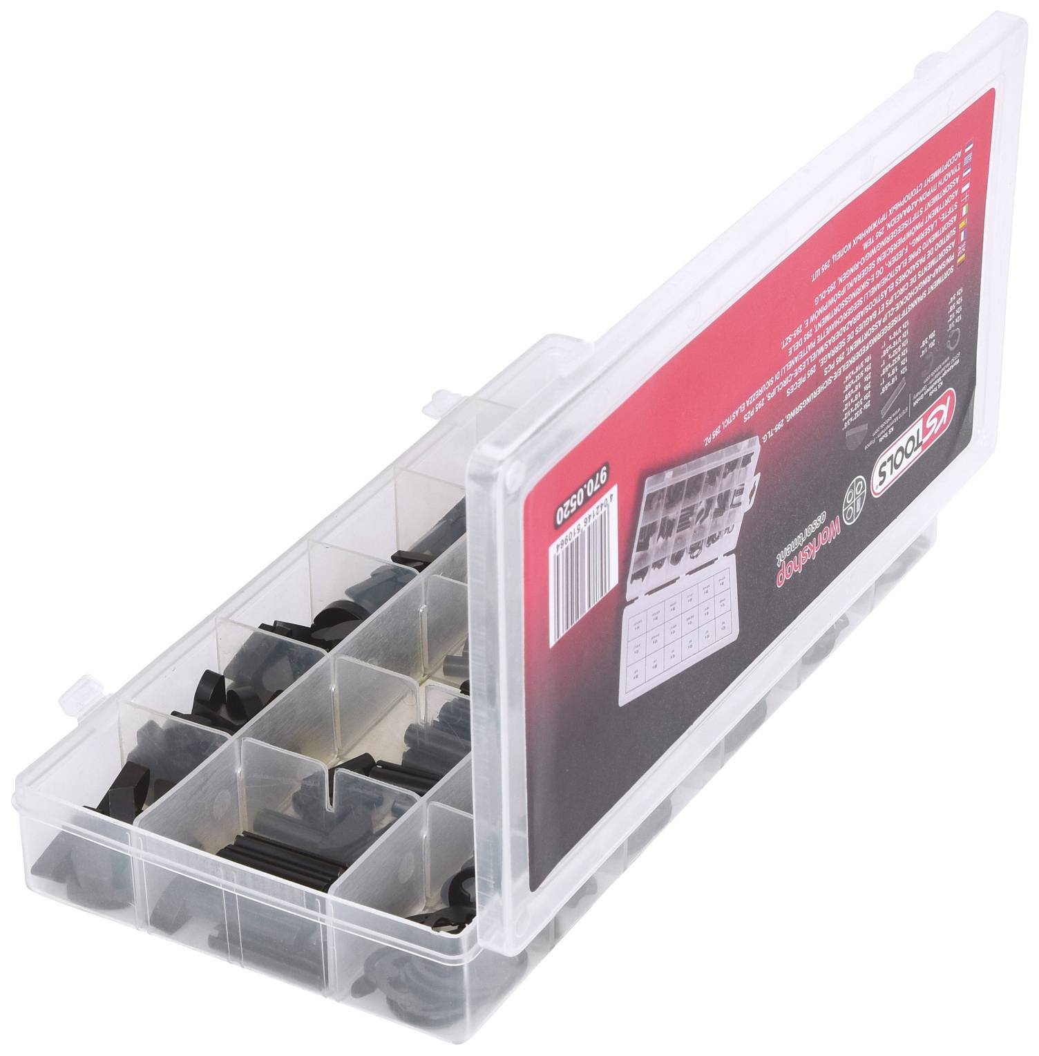 Plastic box with compartments containing various black rubber seals. Packaging of 'ST-Pugs'.