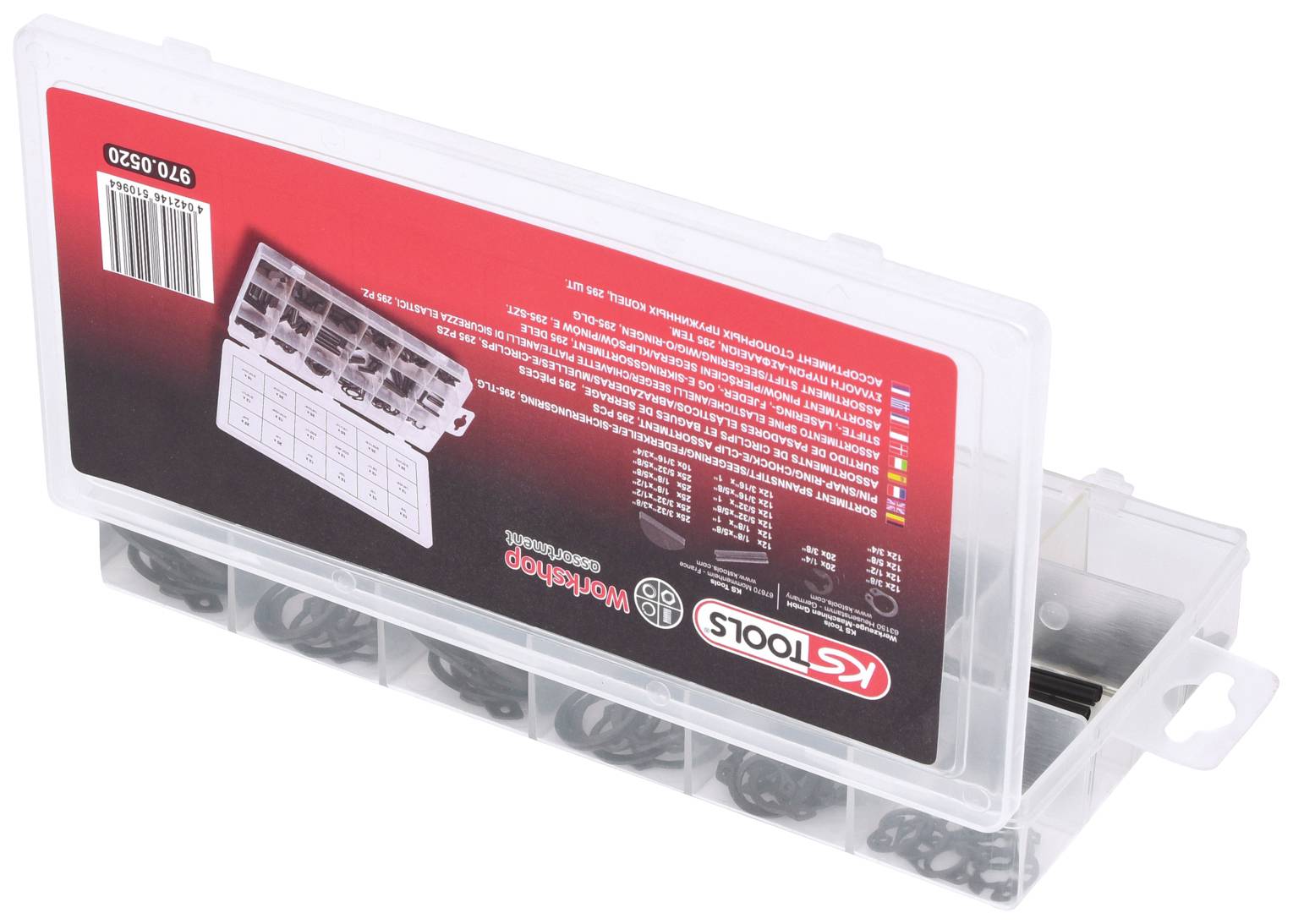 Transparent plastic box with multiple compartments, filled with black O-rings.