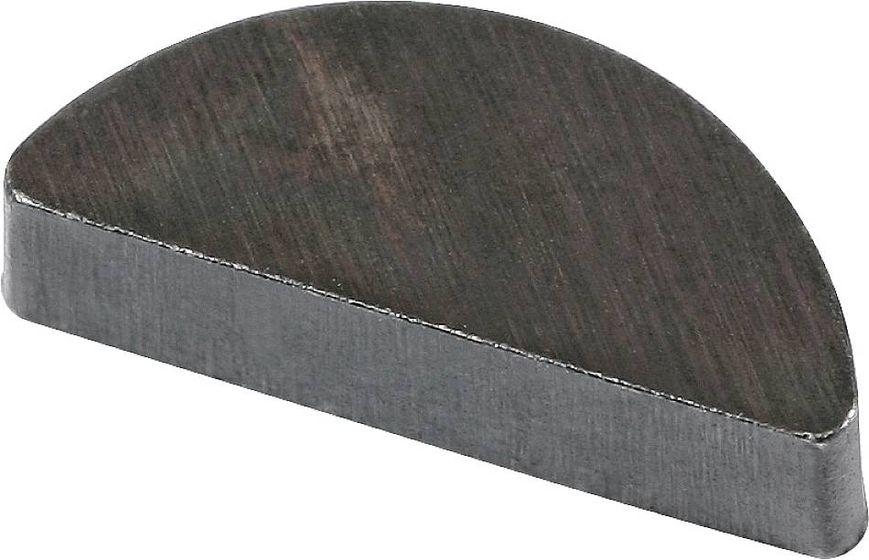 A semi-circular, metallic component that serves as a wedge for machine parts or mechanical connections. Bare, smooth surface.