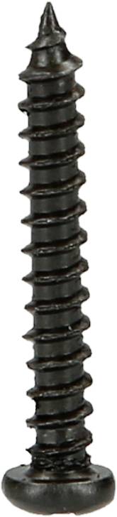 A black, self-tapping screw with a pointed end and helical thread, suitable for wood and metal fastenings.