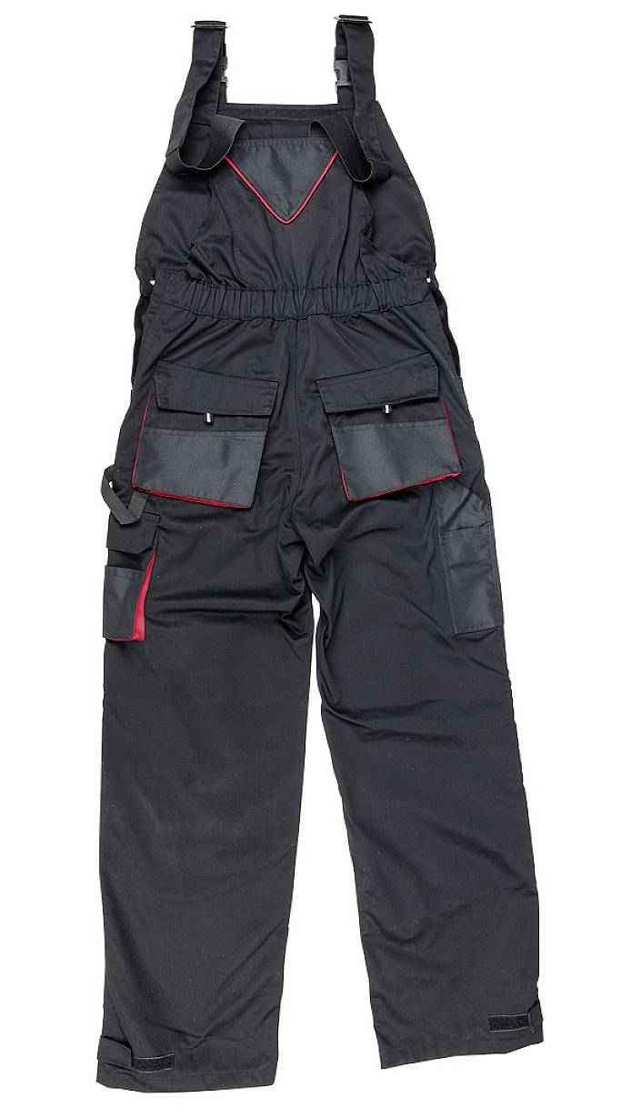 A black dungarees with multiple pockets, red piping, and adjustable braces. Suitable for manual work.